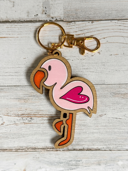 Hand-Painted Wooden Flamingo Keychain/Bag Charm