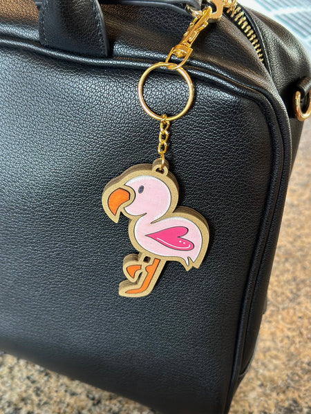 Hand-Painted Wooden Flamingo Keychain/Bag Charm